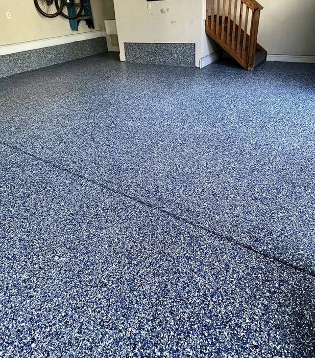 Blue epoxy flake garage by Elite Surfaces in Charlotte NC